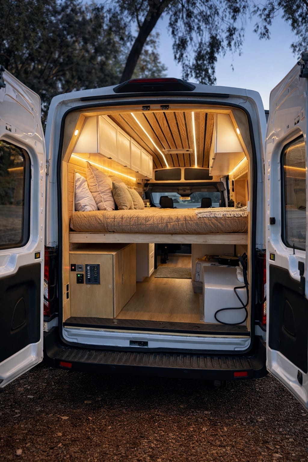 Custom van conversion interior with storage solutions